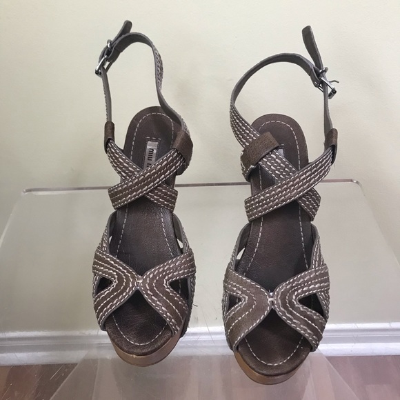 MIU MIU Strappy Leather Platform Wedge Heel Sandals Stitch Wood Ankle Strap Shoe - Picture 3 of 16